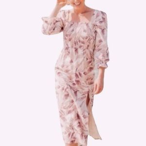 House of Harlow 1960 Pink and Cream Linen Blend Midi Dress with‎ Smocked Bodice